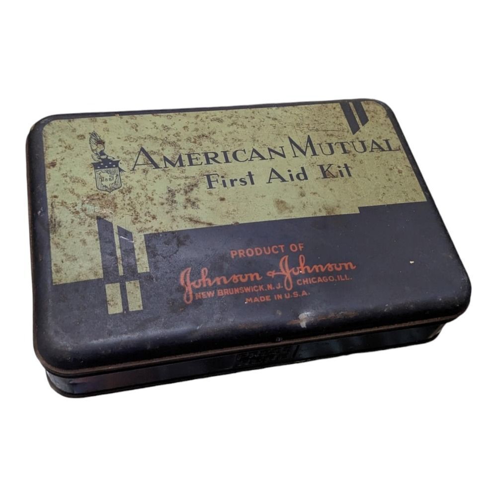 Johnson & Johnson American Mutual First Aid Metal Tin‎ Vintage Antique USA